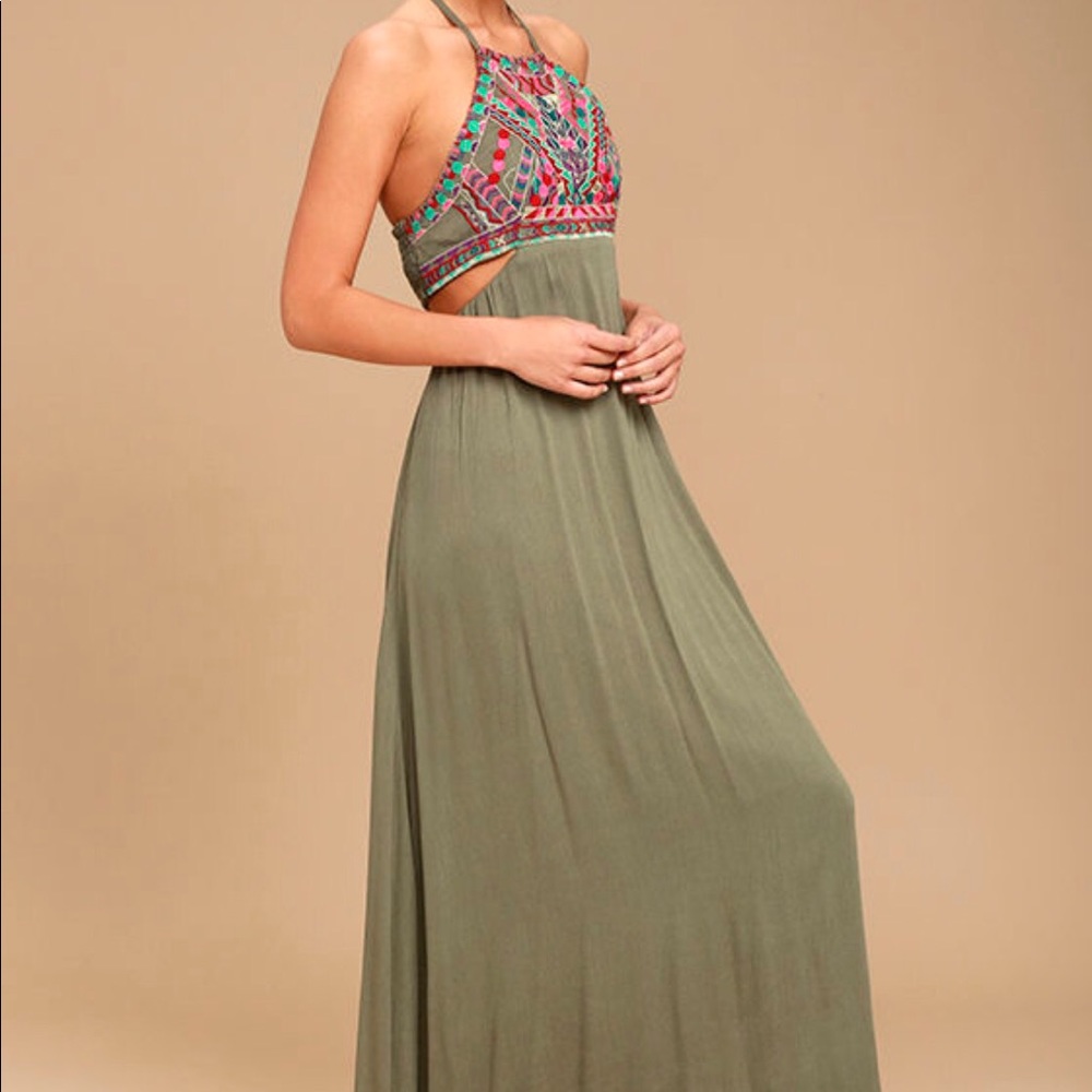 Embroidered Halter Maxi Dress in Olive Green